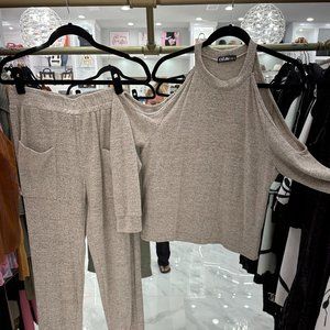Chloe Neutral Taupe Knit Cold-Shoulder Jumpsuit Set